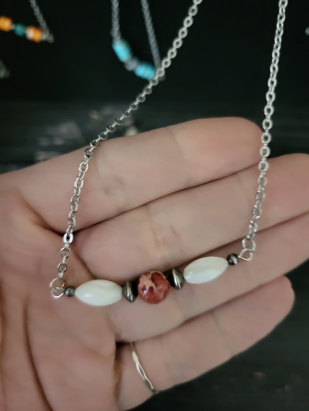 Red Jasper And Mother Of Pearl Bar Necklacr